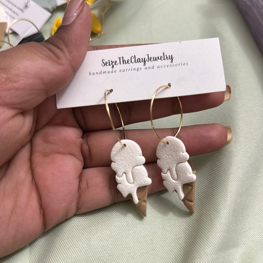 Ice Cream Clay Earrings - Hoop, Vanilla