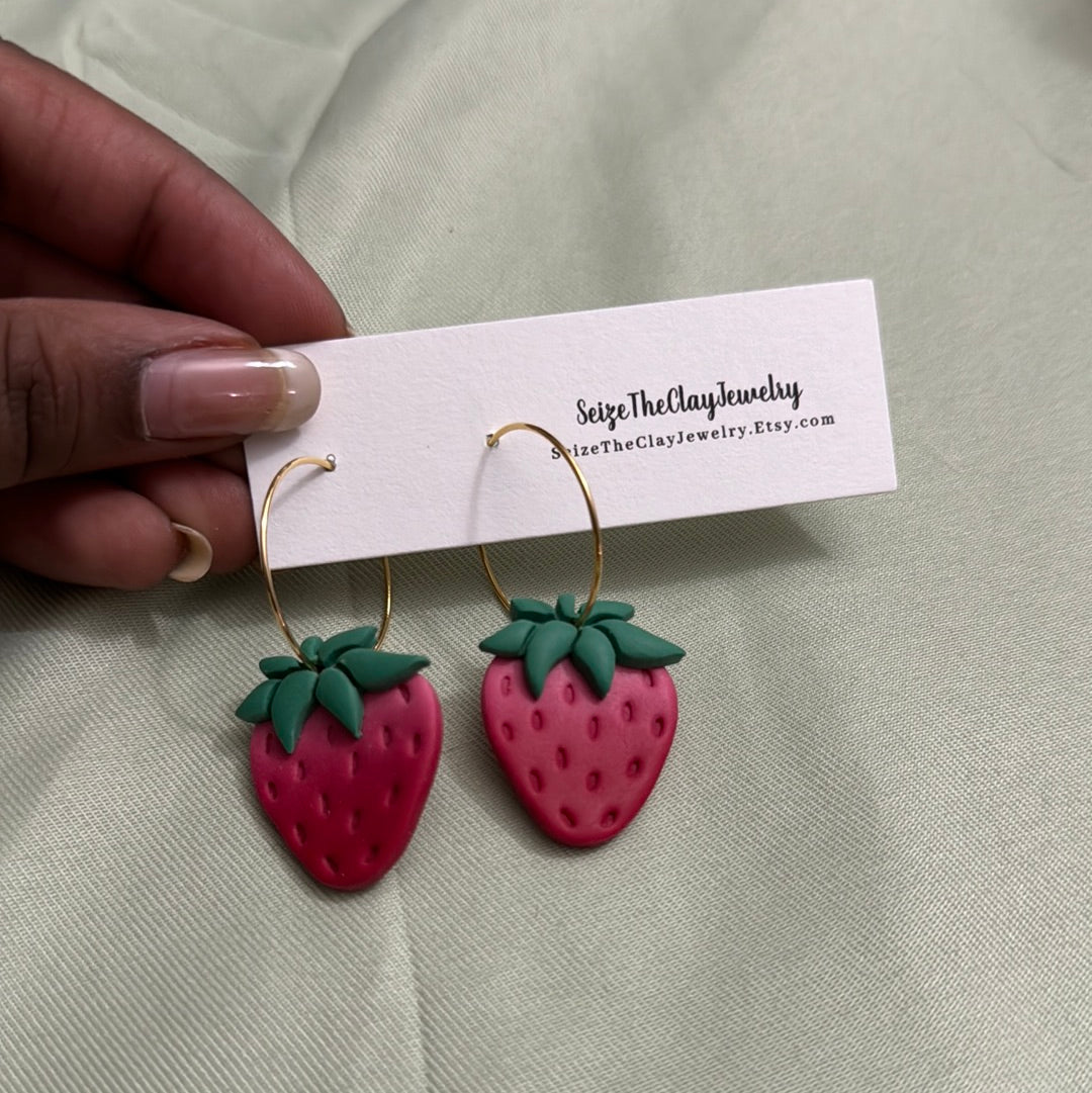 Strawberry Clay Earrings - No Flower Hoop
