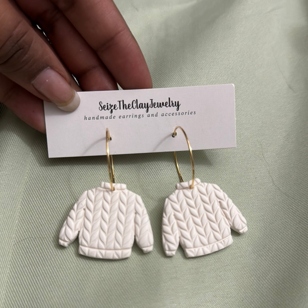 Sweater Clay Earrings - Hoop, White