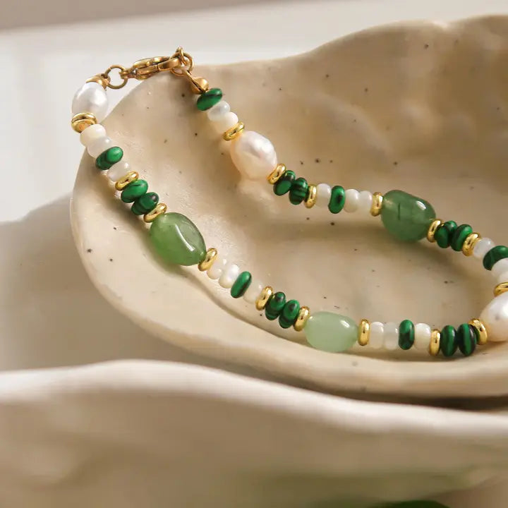 18K Non-Tarnish Bohemian Stone and Bead Bracelet - Faye Green