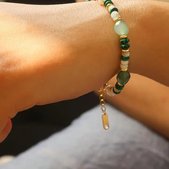 18K Non-Tarnish Bohemian Stone and Bead Bracelet - Faye Green