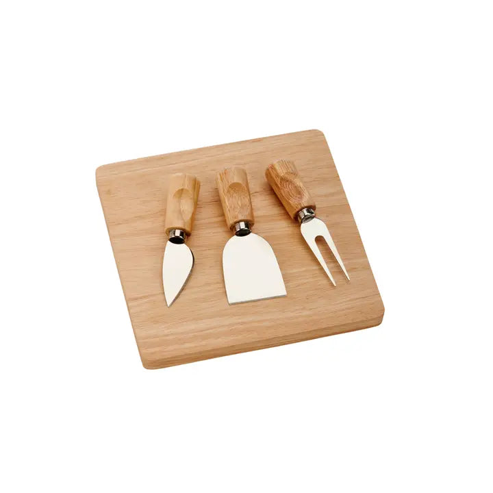 Rubberwood Cheese Cutting Board Set with 3 Cheese Knives