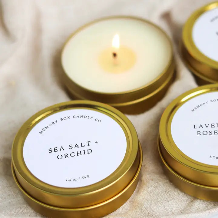 Sea Salt + Orchid - 1.5 oz. Gold Tin Soy Candle