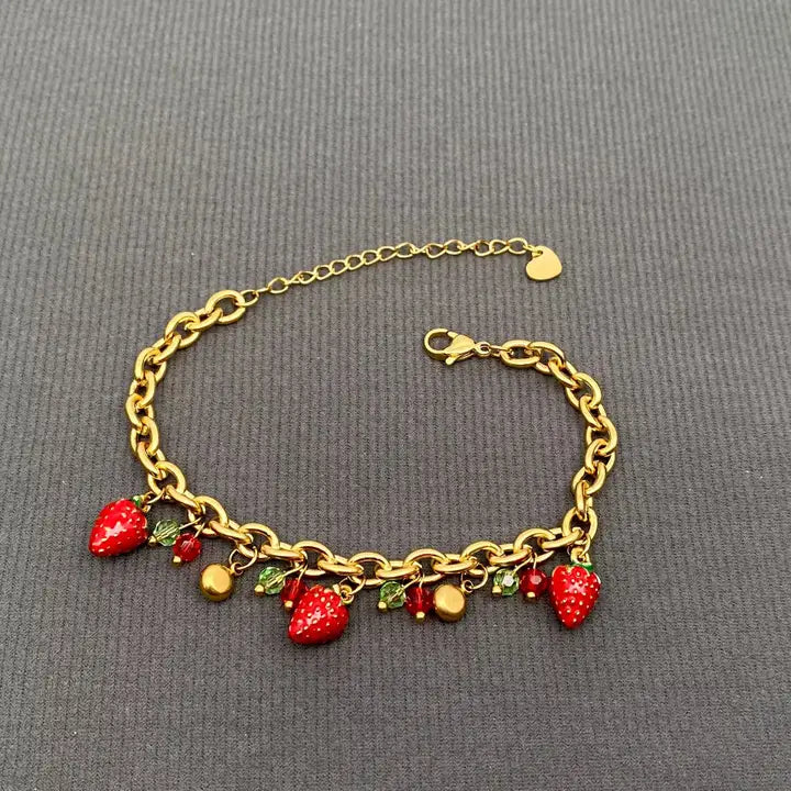 Enamel Strawberry Charm 18K Gold Plated Ss Bracelet - Fgs