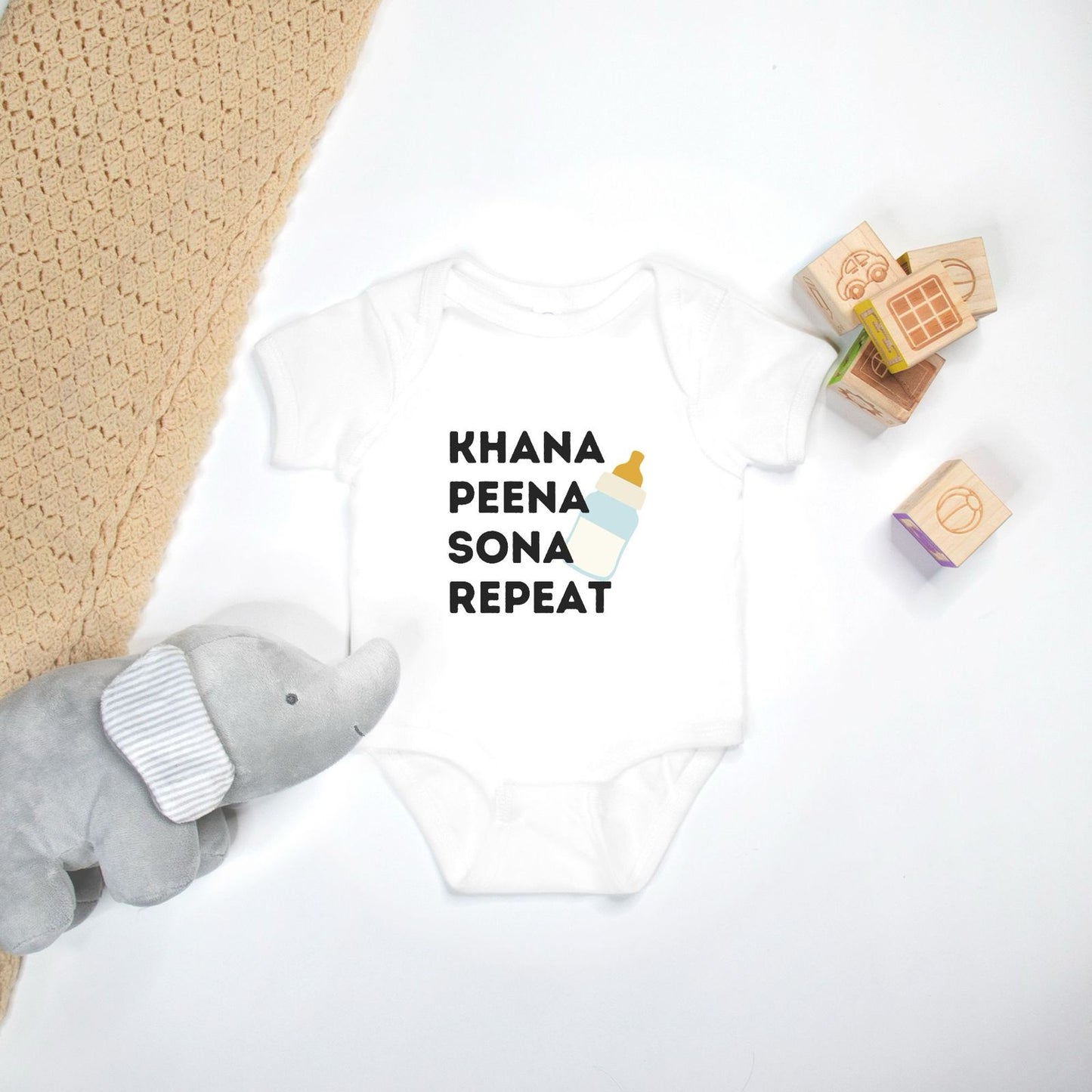 "Khana Peena Sona Repeat" Baby Onesie - White