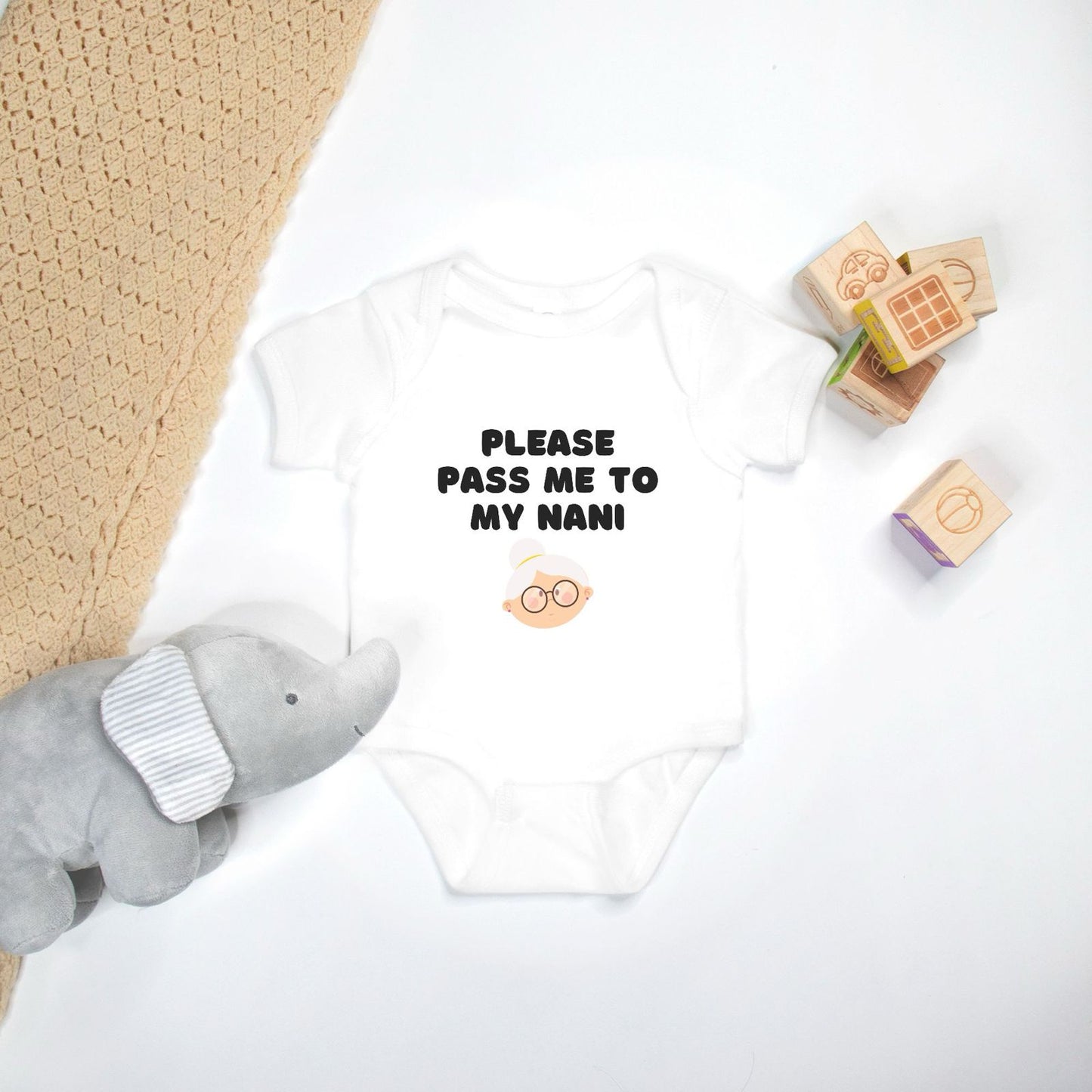 "Please Pass Me to My Nani" Baby Onesie - White