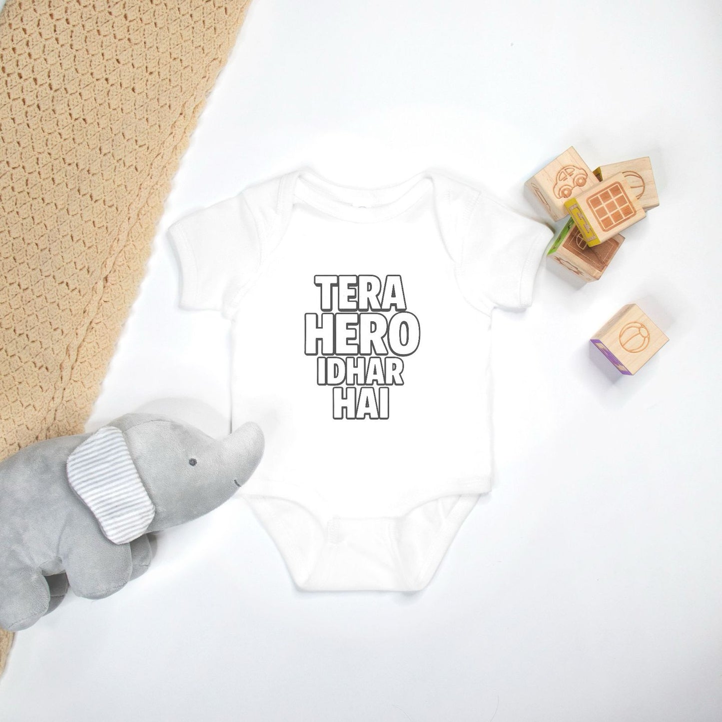 "Tera Hero Idhar Hai" Baby Onesie - White