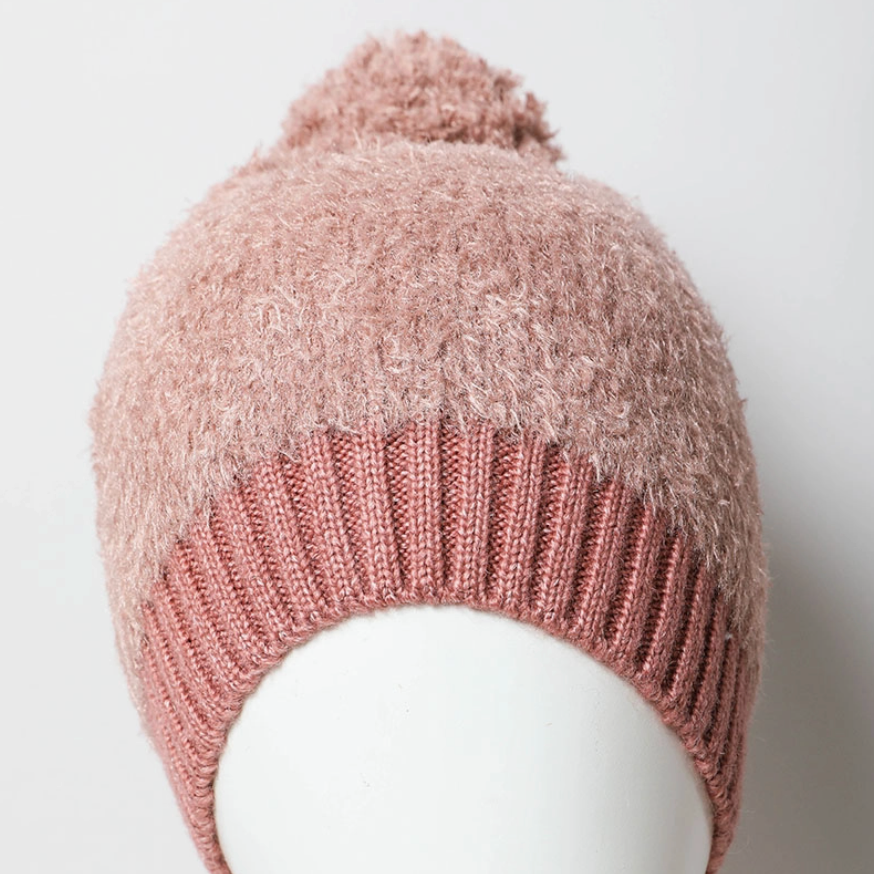 Soft Furry Pom Knit Beanie- Rose