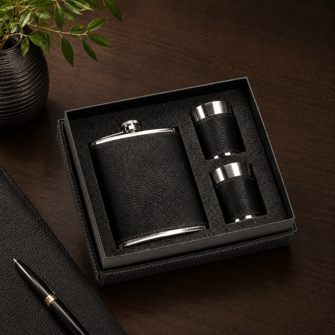 Black Leatherette Flask & Stainless Steel Shot Glass Set