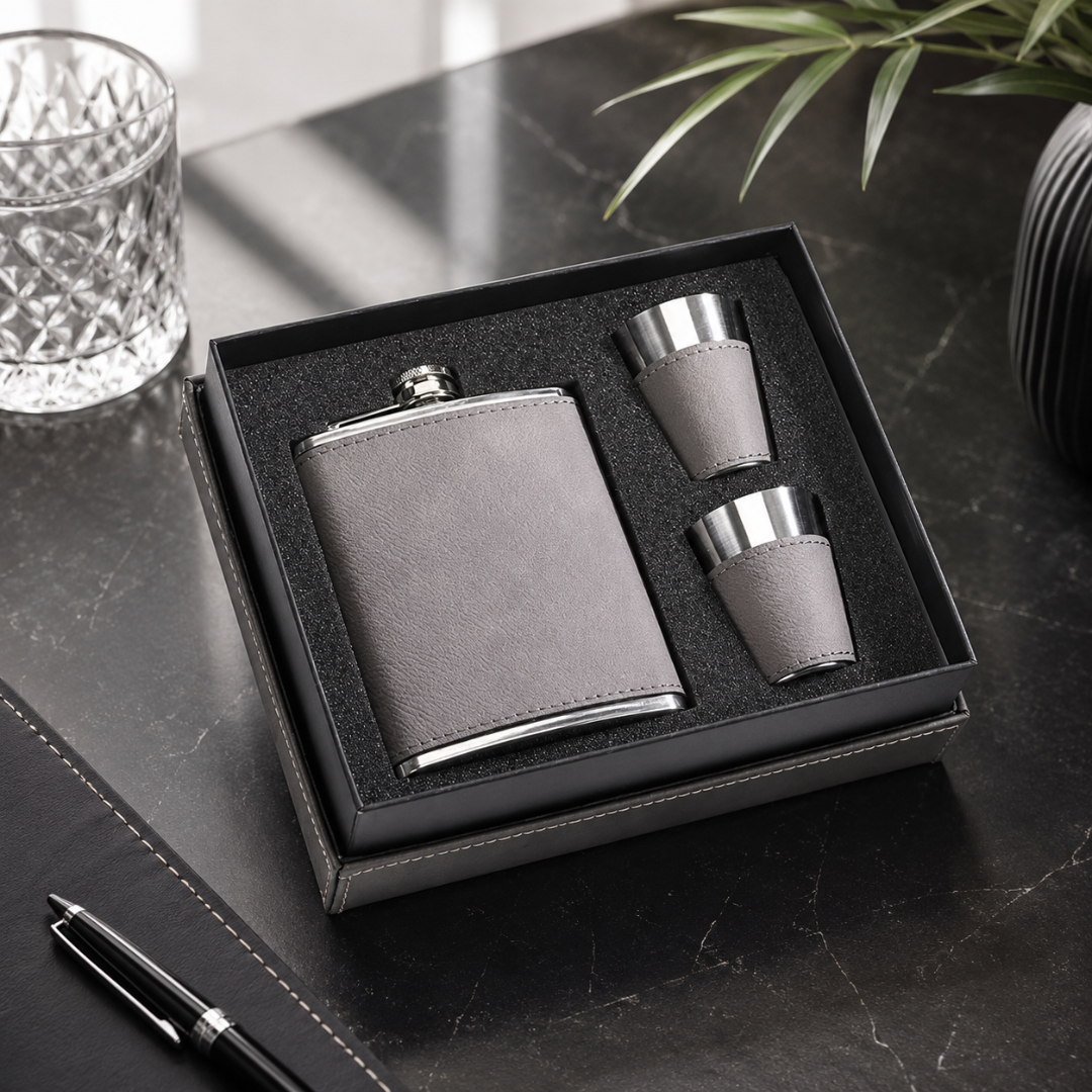 Grey Leatherette Flask & Stainless Steel Shot Glass Set