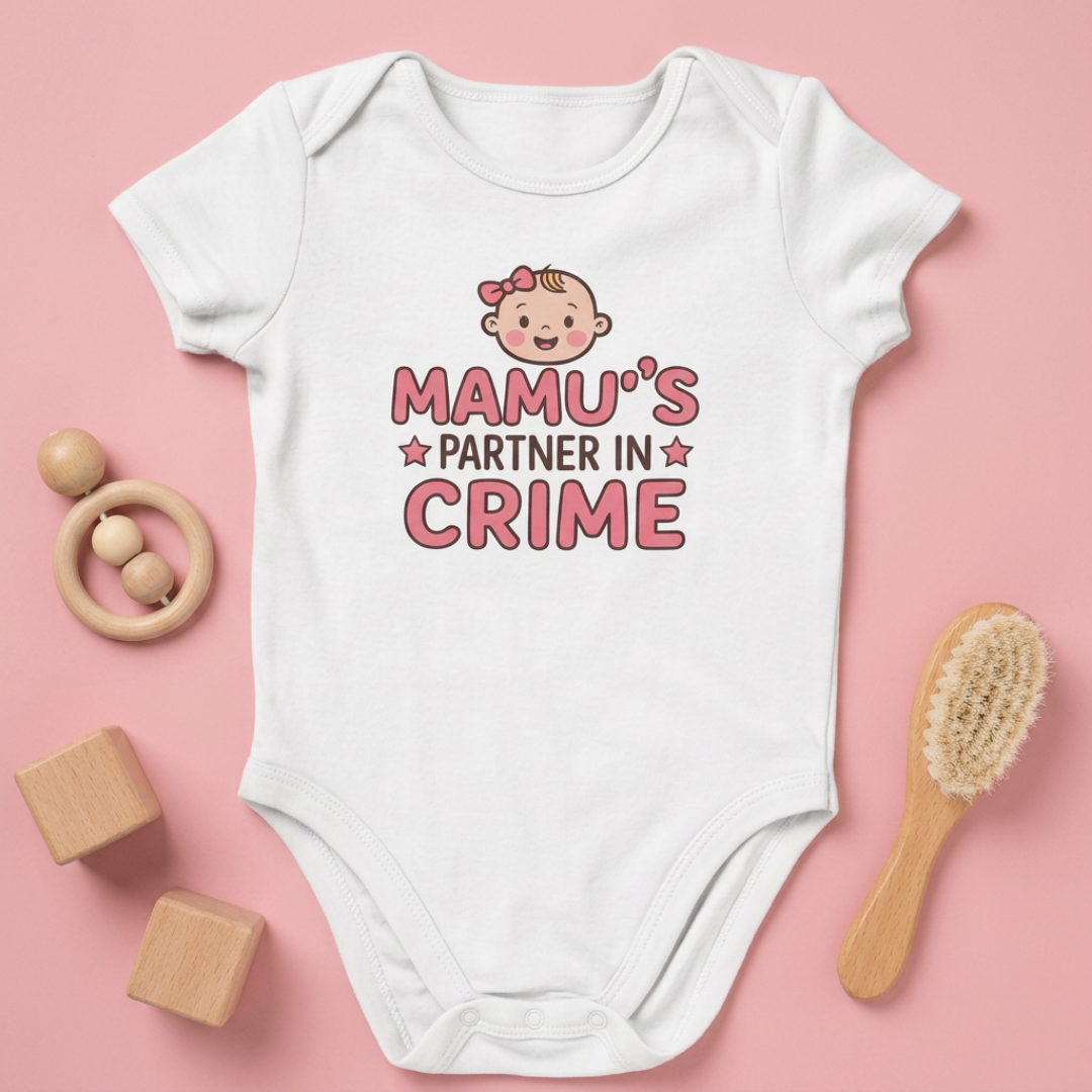 "Mamu's Partner in Crime" Baby Onesie - White
