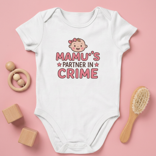 "Mamu's Partner in Crime" Baby Onesie - White