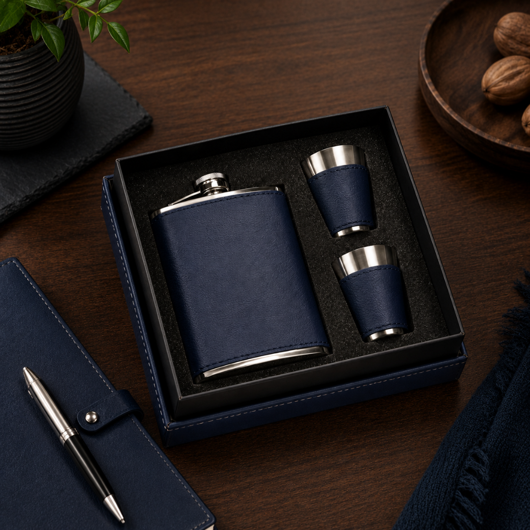 Navy Leatherette Flask & Stainless Steel Shot Glass Set