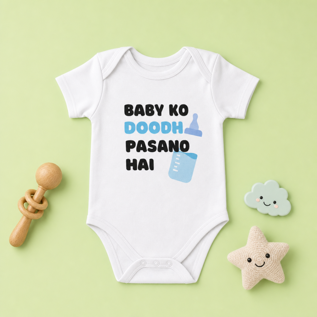 "Baby Ko Doodh Pasand Hai" Onesie - White