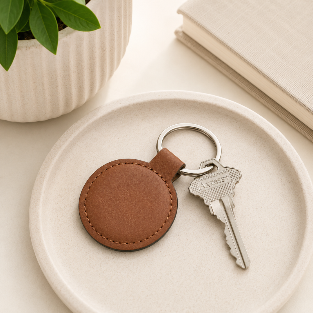 Leatherette Round Keychain in Caramel 1 7/8" Dia