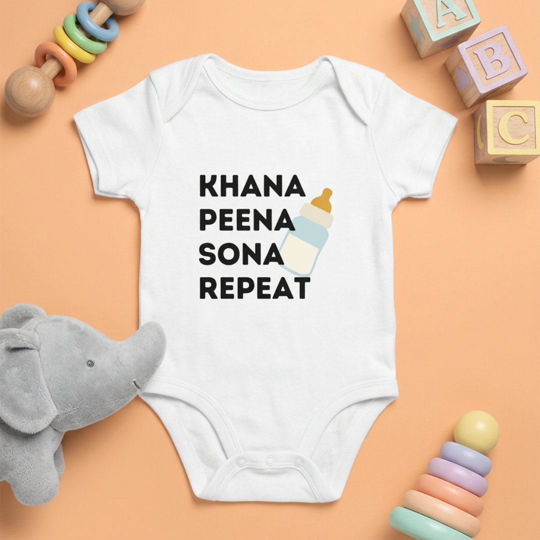 "Khana Peena Sona Repeat" Baby Onesie - White