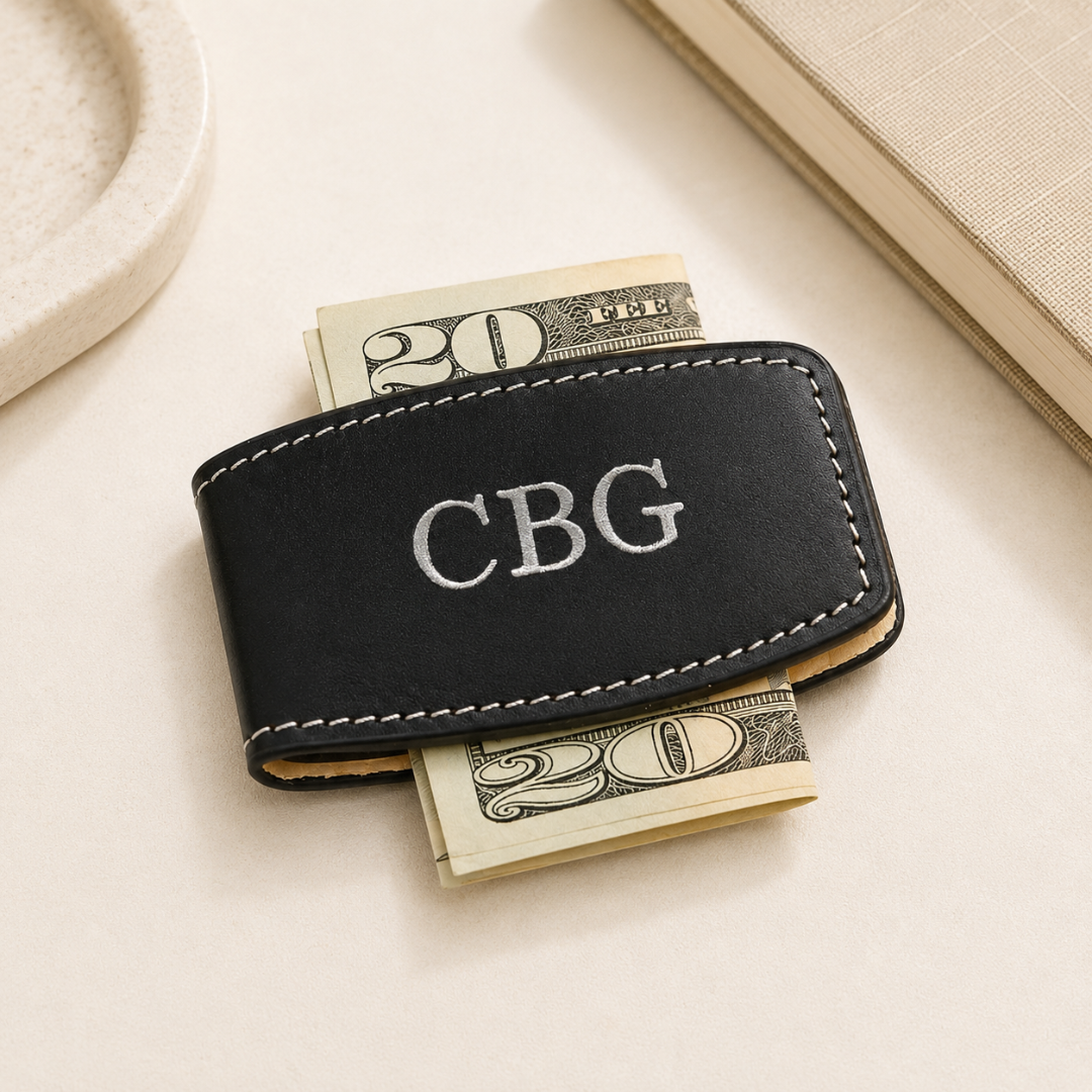 Black Leather Money Clip- Gift For Him