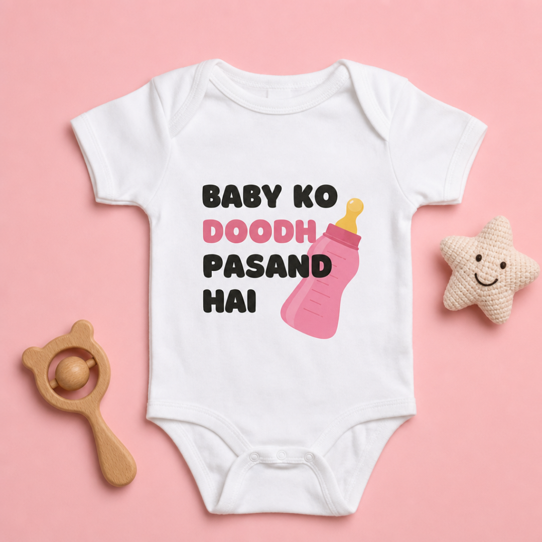 “Baby Ko Doodh Pasand Hai” Baby Onesie – White