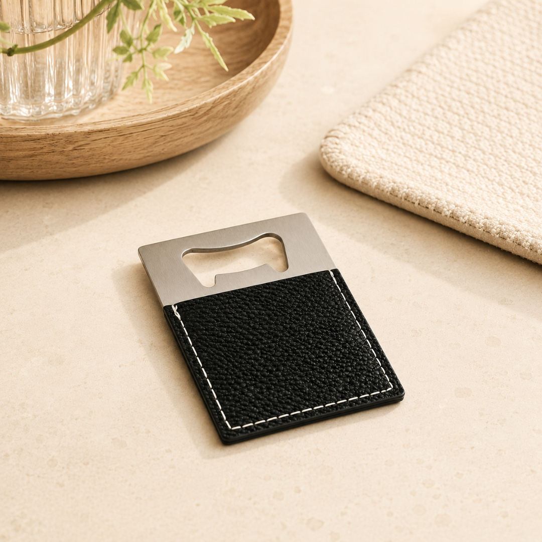 Black Leatherette Bottle Opener - 3.5" X 2"