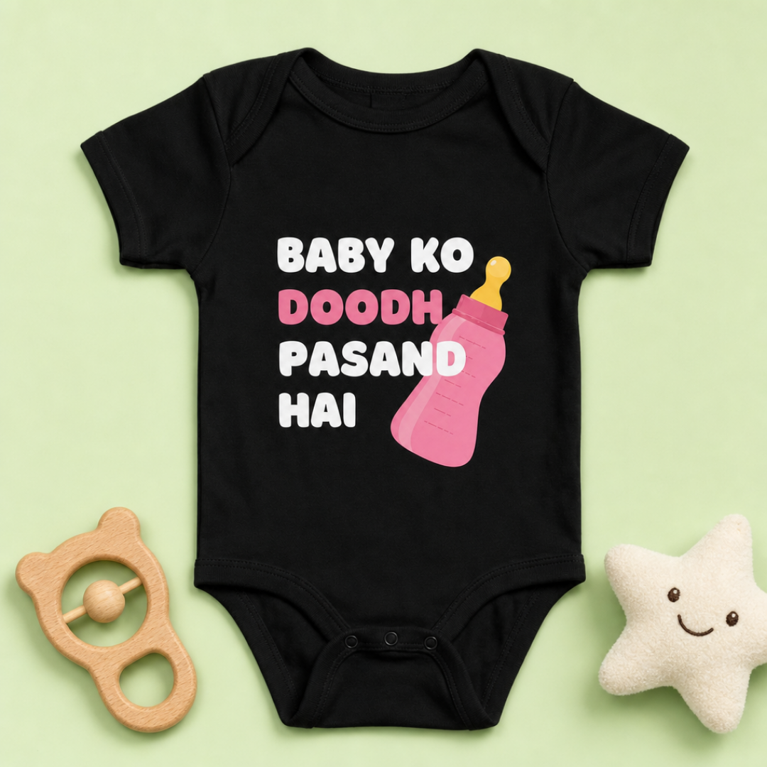 “Baby Ko Doodh Pasand Hai” Baby Onesie – Black