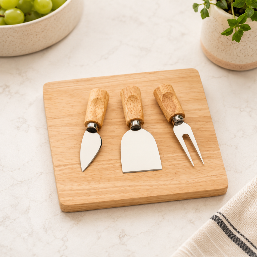 Rubberwood Cheese Cutting Board Set with 3 Cheese Knives
