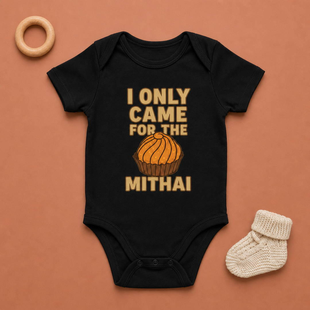 “I Only Came for the Mithai” Baby Onesie – Black