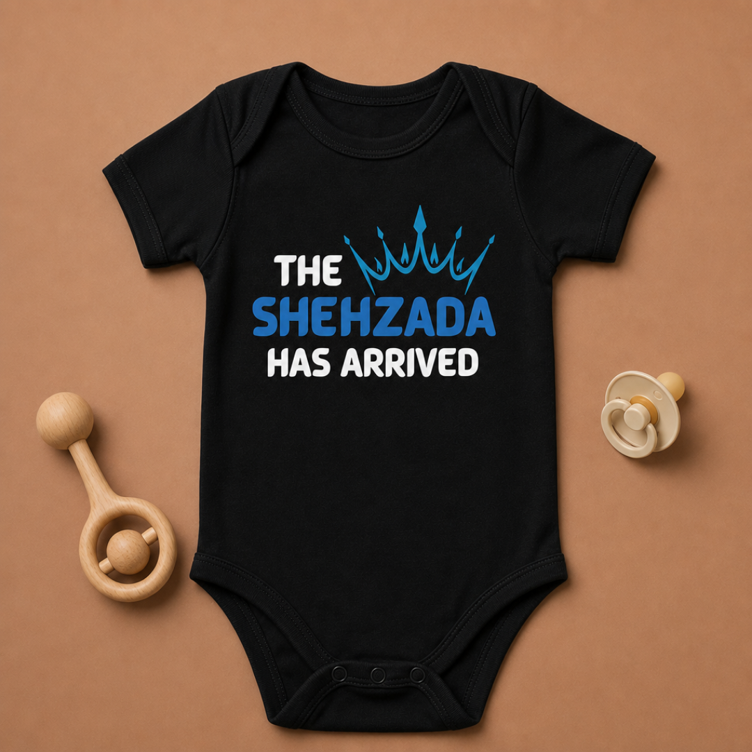 “The Shehzada Has Arrived” Baby Onesie – Black