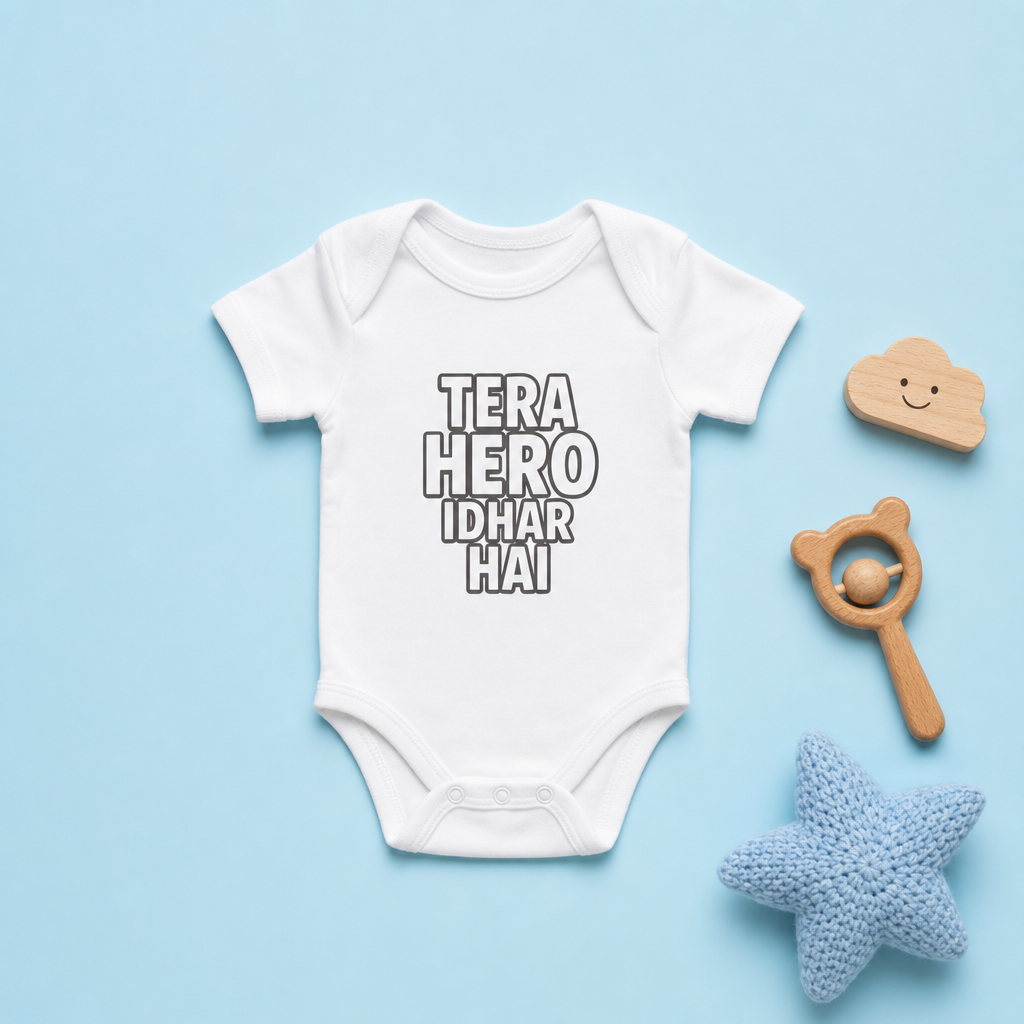 "Tera Hero Idhar Hai" Baby Onesie - White