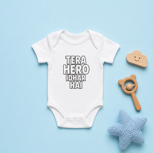 "Tera Hero Idhar Hai" Baby Onesie - White