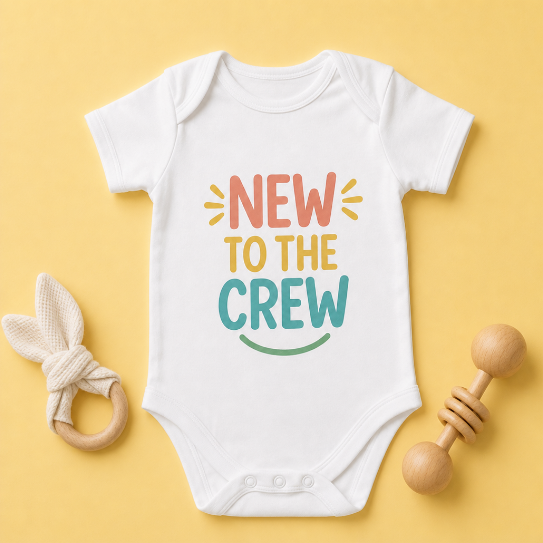“New to the Crew” Baby Onesie – White