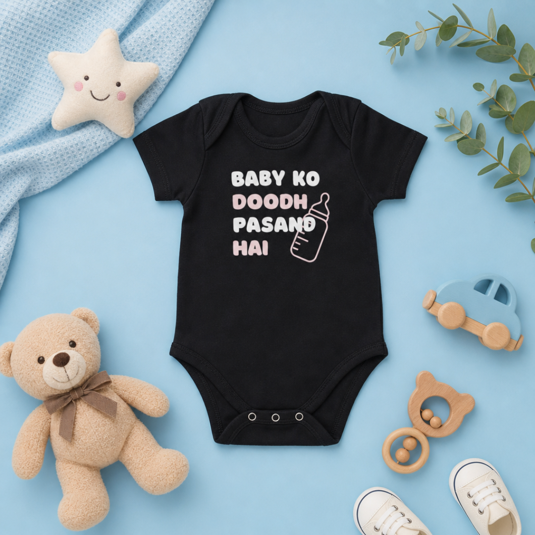 "Baby Ko Doodh Pasand Hai" Baby Onesie - Black