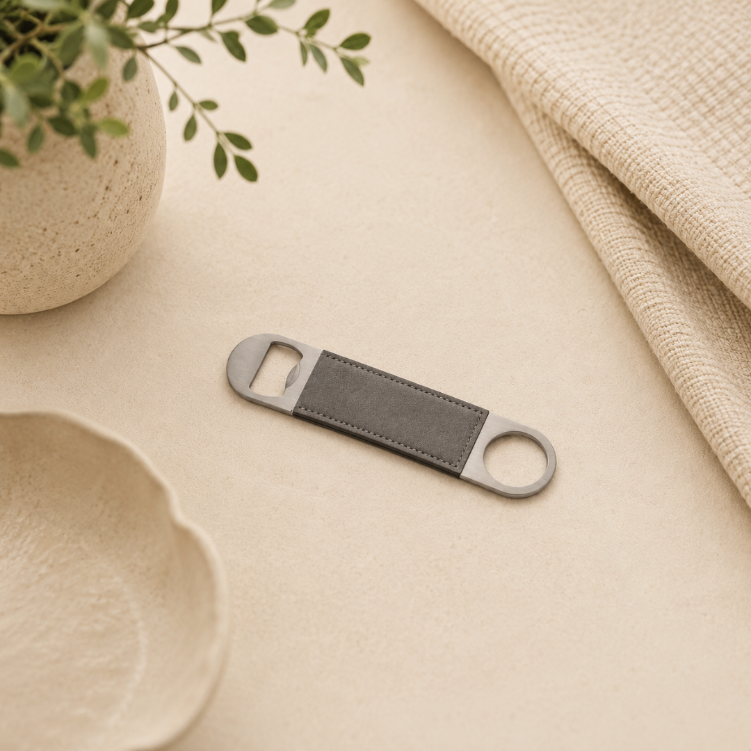 Grey Leatherette Stainless Steel Bottle Opener - 7" X 1.5"