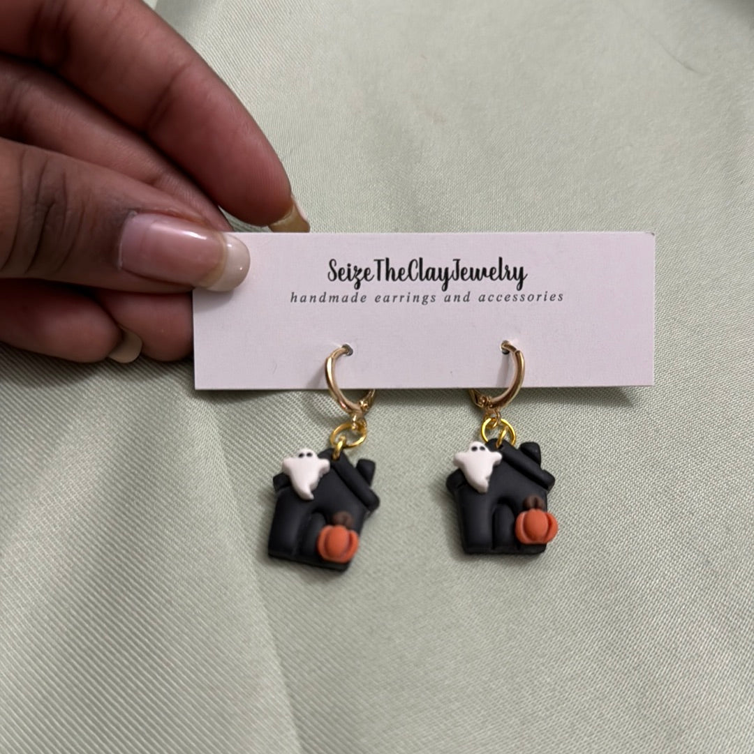 Haunted House Clay Earrings - Huggies