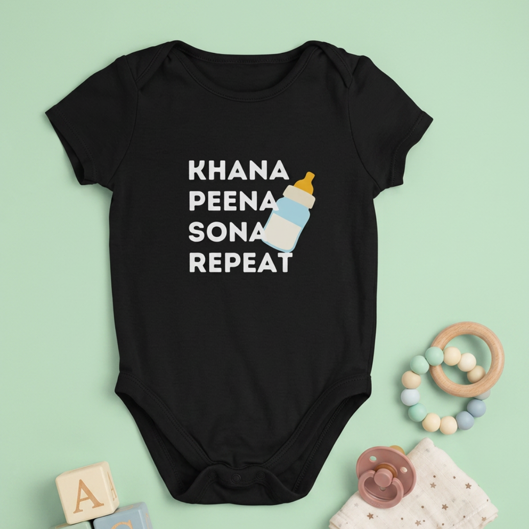 "Khana Peena Sona Repeat" Baby Onesie - Black