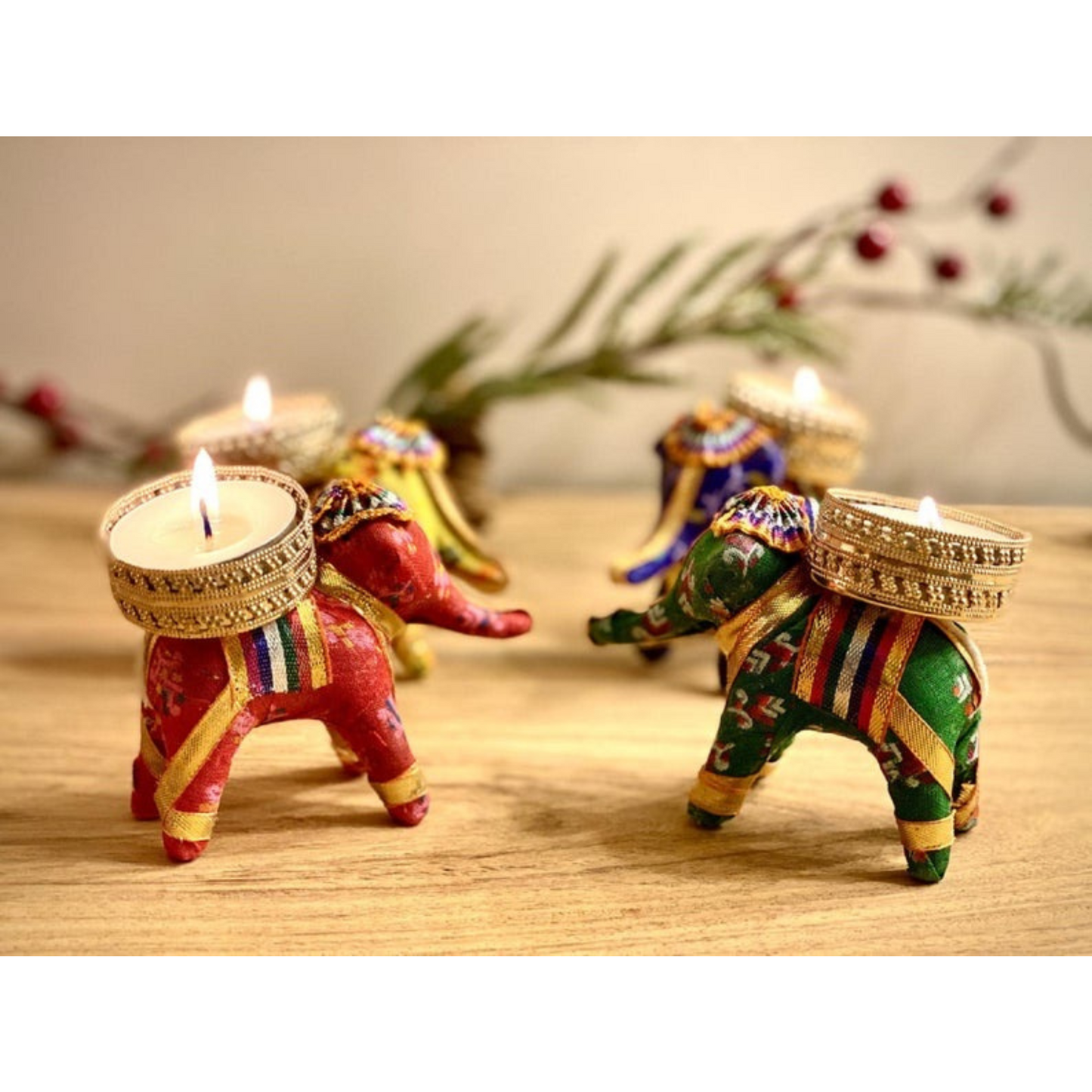 Handmade Elephant Tea Light Candle Holder Set (2 in A Set) - Yellow