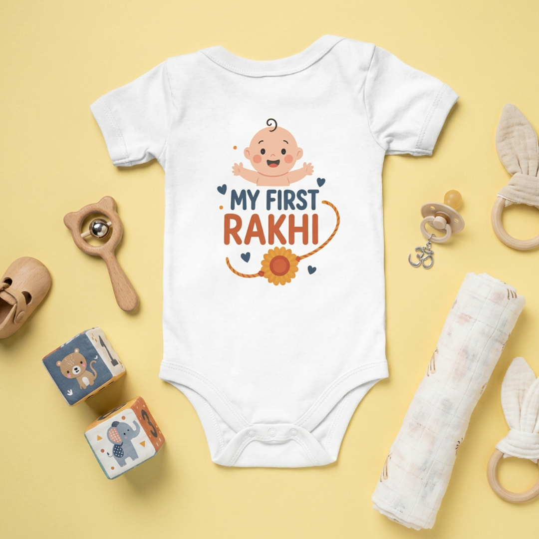 "My First Rakhi" Baby Onesie - White
