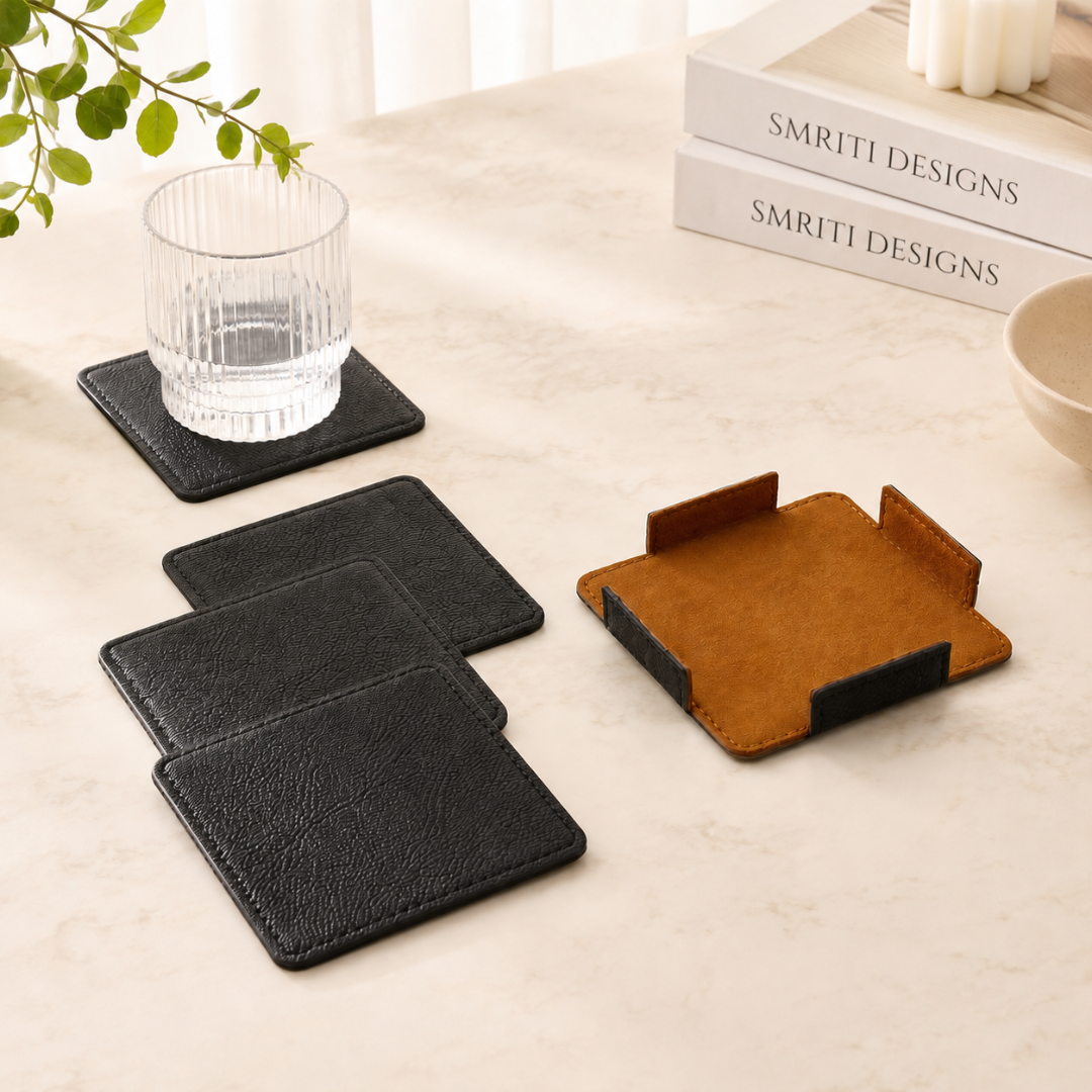 Set of 4 Leatherette Coasters - Black