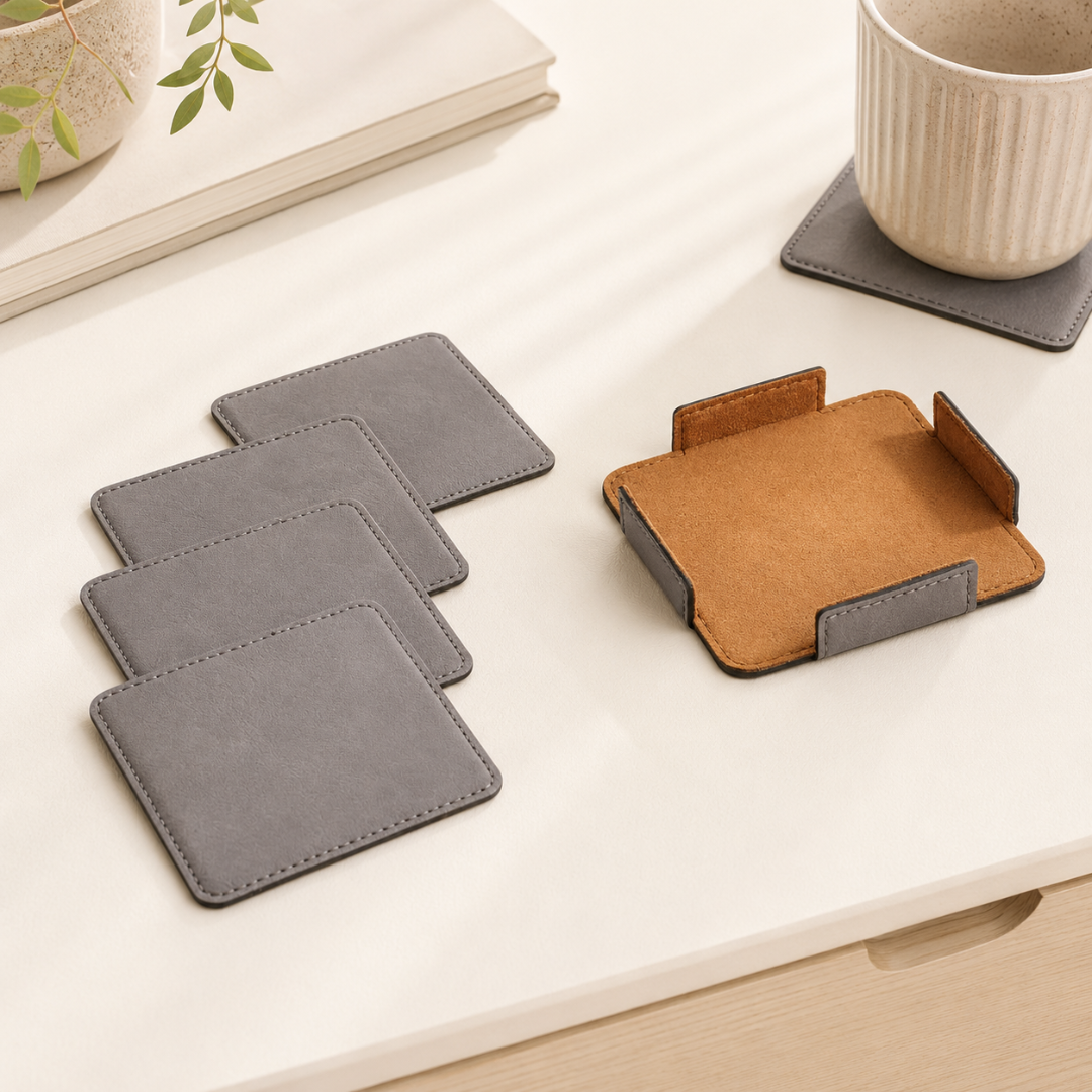 Set of 4 Leatherette Coasters - Grey