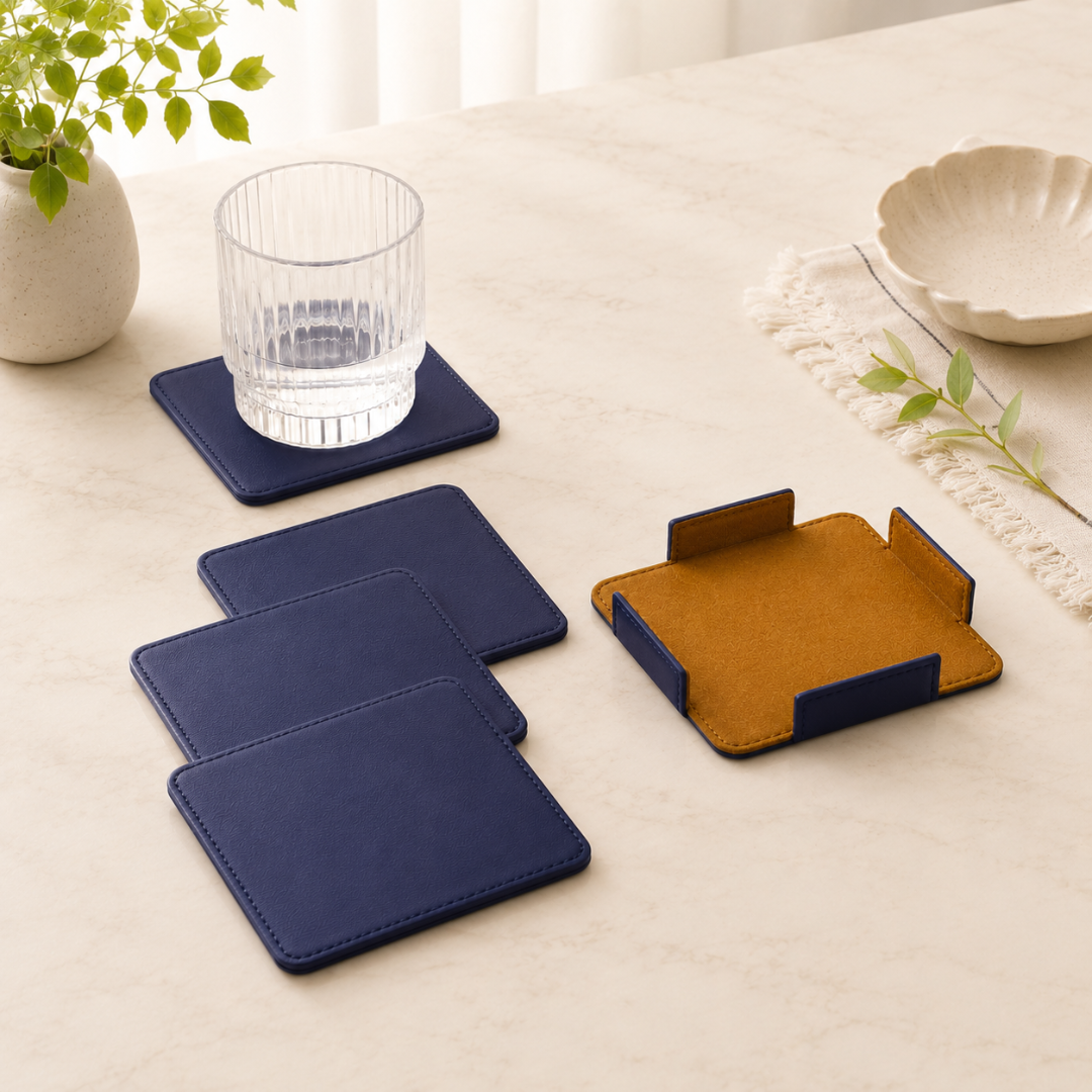 Set of 4 Leatherette Coasters - Navy