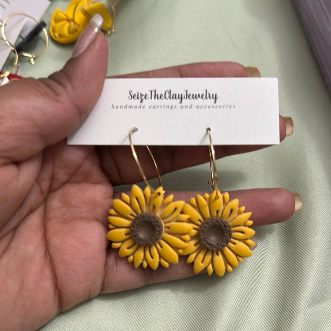 Sunflower Clay Earrings, Fall Clay Earrings - Whole Sunflower Hoops