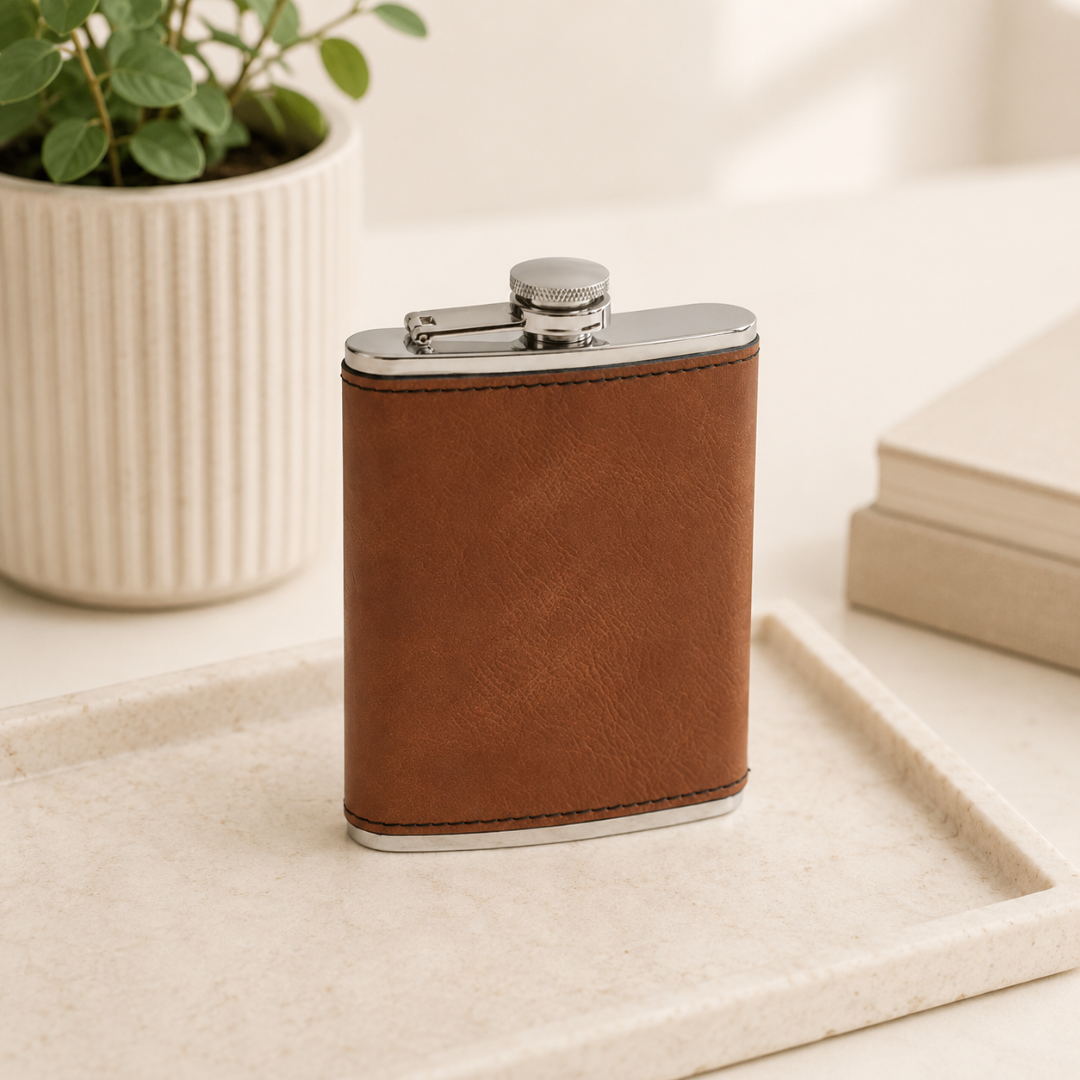 Leatherette Flask Caramel 8 oz Cap