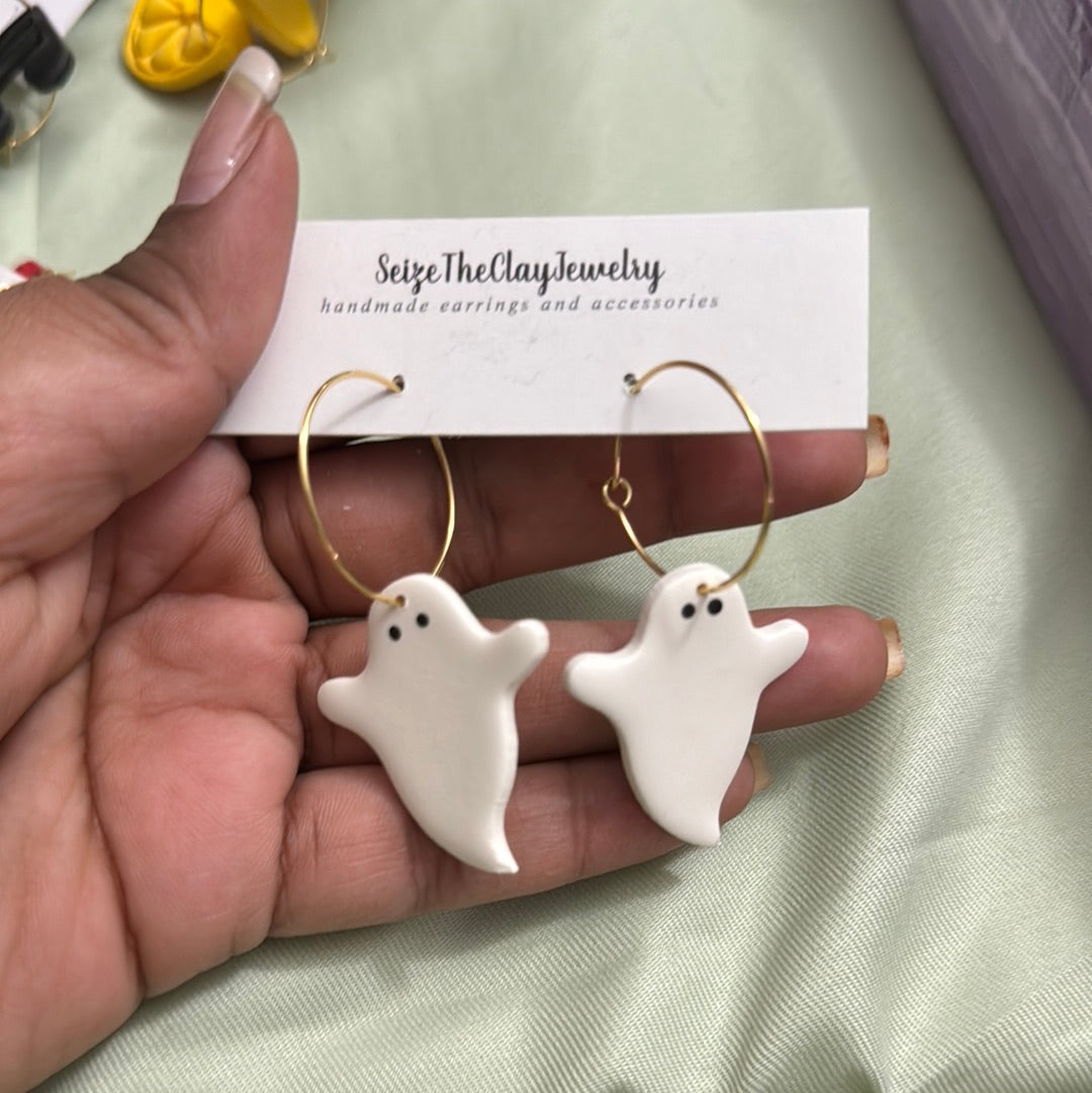 Ghost Halloween Clay Earrings - Hoop