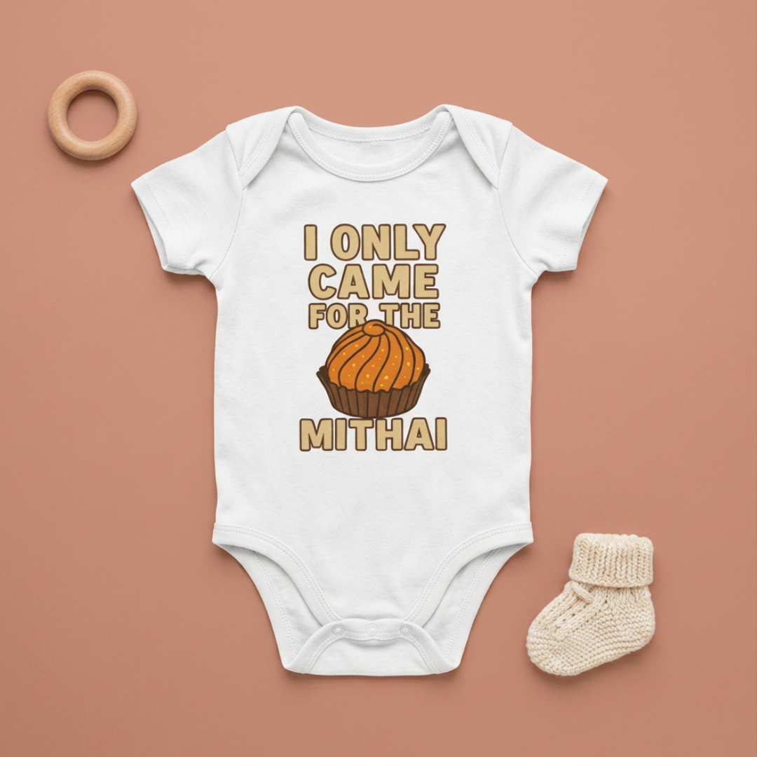 "I Only Came for the Mithai" Baby Onesie - White