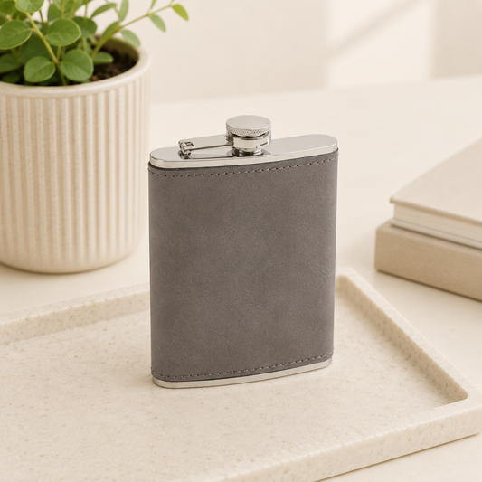 Leatherette Flask Grey 8 oz Cap