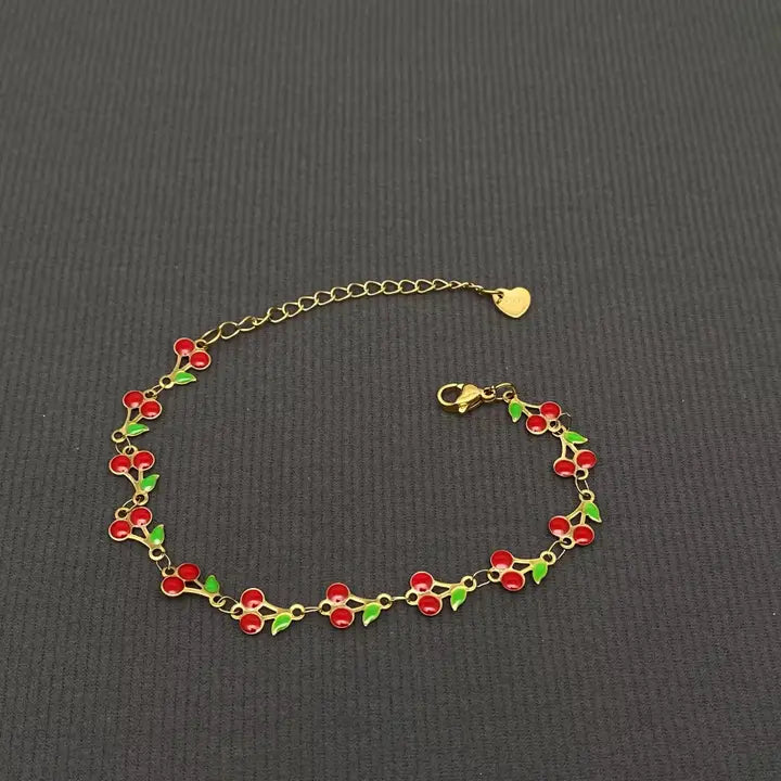 Enamel Cherry 18K Gold Plated Stainless Steel Bracelet - Fgs