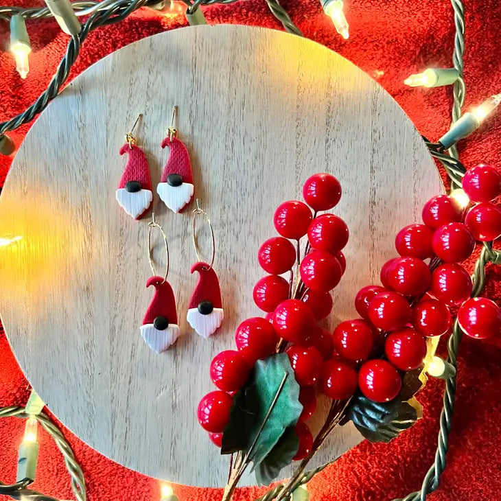 Christmas Gnome Earrings, Gnome Clay Earrings - Hoop