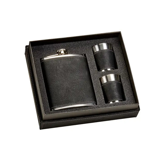 Black Leatherette Flask & Stainless Steel Shot Glass Set