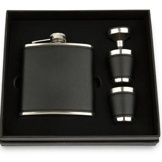 Faux Leather Wrapped Flask Gift Box Set - Blank - Black