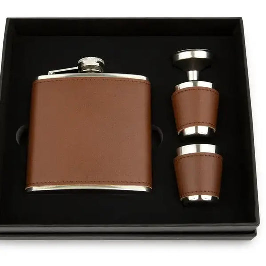 Faux Leather Wrapped Flask Gift Box Set - Blank - Chocolate Brown