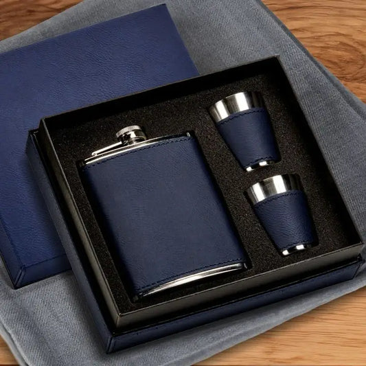 Navy Leatherette Flask & Stainless Steel Shot Glass Set
